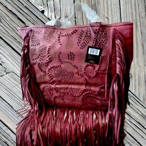 FRYE FRINGE DEEP RED EMBROIDERED LEATHER HANDBAG NWT $348